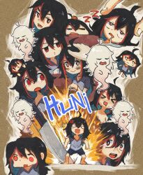 Rule 34 | 1girl, @ @, absurdres, ahoge, black hair, character request, closed mouth, commission, copyright request, drooling, explosion, film grain, highres, knife, looking at viewer, medium hair, multicolored hair, nyztsune, open mouth, red eyes, red hair, saliva, teeth, zzz