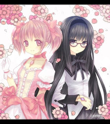 Rule 34 | 10s, 2girls, akemi homura, black hair, bow, cherry blossoms, choker, dango, food, glasses, gloves, hair bow, hairband, highres, jewelry, kaname madoka, kyubey, letterboxed, loading (verjuice), long hair, looking at viewer, magical girl, mahou shoujo madoka magica, mahou shoujo madoka magica (anime), multiple girls, neck ribbon, petals, pink eyes, pink hair, puffy sleeves, red-framed eyewear, ribbon, short hair, short twintails, smile, twintails, very long hair, wagashi, when you see it