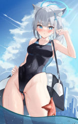 Rule 34 | 1girl, absurdres, animal ear fluff, animal ears, bag, bare arms, bare legs, bare shoulders, blue archive, blue eyes, blue sky, blush, breasts, cameltoe, cloud, cloudy sky, collarbone, competition swimsuit, contrail, covered navel, cowboy shot, cross hair ornament, day, extra ears, gluteal fold, grey hair, hair ornament, halo, hand on own hip, highleg, highleg swimsuit, highres, long hair, looking at viewer, medium breasts, medium hair, mismatched pupils, one-piece swimsuit, outdoors, shiroko (blue archive), shiroko (swimsuit) (blue archive), simito dayo, sky, solo, standing, starfish, swimsuit, wading, water, wet, wolf ears
