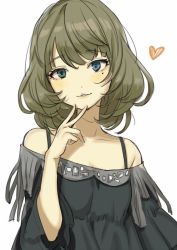 Rule 34 | 1girl, bad id, bad twitter id, bare shoulders, black shirt, blouse, blue eyes, breasts, brown hair, cleavage, collarbone, fingers to chin, fringe trim, green eyes, hand gesture, hand on own chin, heart, heterochromia, idolmaster, idolmaster cinderella girls, looking at viewer, medium breasts, mole, mole under eye, off shoulder, parted lips, shirt, short hair, simple background, smile, solo, swept bangs, takagaki kaede, v, white background, wide sleeves, yuu (higashi no penguin)