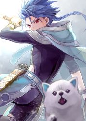 Rule 34 | 1boy, 1other, angry, animal, asymmetrical bangs, belt, blue hair, blurry, bodysuit, bodysuit under clothes, bracelet, braid, braided ponytail, capelet, child, clothing cutout, cu chulainn (fate), dagger, depth of field, dog, earrings, fangs, fate/grand order, fate/grand order arcade, fate (series), floating hair, grin, highres, hood, hood down, hooded capelet, jewelry, knife, long hair, looking at viewer, male focus, moguta (moguta9), ponytail, puppy, red eyes, scabbard, setanta (fate), sheath, skin tight, smile, spiked hair, thigh cutout, weapon