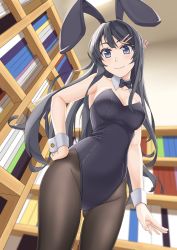 Rule 34 | 10s, 1girl, animal ears, artist request, bare shoulders, black bow, black hair, black leotard, black neckwear, black pantyhose, blue eyes, blush, book, bow, bowtie, breasts, rabbit hair ornament, cleavage, closed mouth, collarbone, detached collar, fake animal ears, female focus, from below, hair ornament, hairclip, hand on own hip, head tilt, highres, indoors, leotard, library, llebanna, long hair, looking at viewer, looking down, medium breasts, neck ribbon, pantyhose, playboy bunny, rabbit ears, ribbon, sakurajima mai, seishun buta yarou, solo, standing, strapless, strapless leotard, voile, wrist cuffs