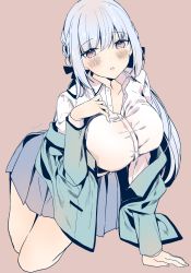 Rule 34 | 1girl, :o, arm support, blazer, blouse, blue skirt, blunt bangs, blush, bow, braid, breasts, buttons, collarbone, collared shirt, eyelashes, green jacket, hair bow, hand on own chest, hand up, highres, jacket, large breasts, leaning forward, long hair, long sleeves, looking at viewer, low twin braids, off-shoulder jacket, off shoulder, original, partially unbuttoned, pink background, pleated skirt, purple eyes, school uniform, shirt, sidelocks, silver hair, simple background, sitting, skirt, solo, twin braids, twitter username, white shirt, yokozuwari, yu yu