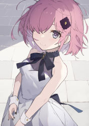 Rule 34 | 1girl, absurdres, bare shoulders, black legwear, black nails, black ribbon, breasts, cleavage, collarbone, commentary, dress, dutch angle, fate/grand order, fate (series), from above, hair ornament, hair over one eye, halter dress, halterneck, highres, light purple hair, mash kyrielight, mash kyrielight (under the same sky), nail polish, neck ribbon, official alternate costume, purple eyes, ribbon, see-through, short hair, sleeveless, sleeveless dress, small breasts, solo, standing, swept bangs, symbol-only commentary, torry912, white dress, wrist cuffs