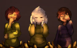 Rule 34 | 1boy, androgynous, artist name, asriel dreemurr, brown eyes, brown hair, caribun, chara (undertale), closed eyes, covering one eye, covering own ears, expressionless, frisk (undertale), grey background, long sleeves, monster boy, one eye closed, shirt, short hair, simple background, sitting, spoilers, striped clothes, striped shirt, sweater, three monkeys, undertale, upper body
