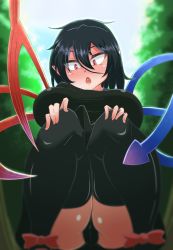 1girl ankle_bow ankle_ribbon asymmetrical_wings black_hair black_panties black_thighhighs blurry blush bow breasts buuta_(densya101) cameltoe curvy depth_of_field fang female_focus highres houjuu_nue large_breasts leg_ribbon looking_at_viewer open_mouth panties pointy_ears red_eyes ribbon solo squatting thick_thighs thighhighs thighs touhou underwear wings