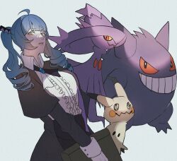 1girl black_dress blue_hair blunt_bangs commission creatures_(company) dress drill_hair film_grain frills game_freak gen_1_pokemon gen_4_pokemon gen_7_pokemon gengar highres holding lips mimikyu mismagius nintendo pokemon pokemon_(creature) reo_(mmocc123) skeb_commission twin_drills twintails white_background yellow_eyes