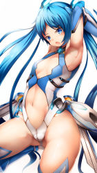Rule 34 | 1girl, armpits, arms up, ass, blue eyes, blue hair, blush, boots, cameltoe, covered erect nipples, elbow gloves, flat chest, gloves, gluteal fold, leg up, leotard, long hair, looking at viewer, matching hair/eyes, miurahha, navel, open mouth, ore twintail ni narimasu, simple background, solo, stomach, tailblue, thigh gap, thighhighs, thighs, tsube aika, twintails, very long hair, white background