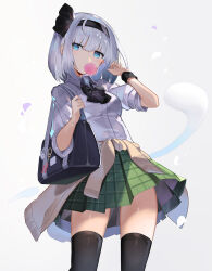 Rule 34 | 1girl, alternate costume, bag, black bow, black bowtie, black hairband, black thighhighs, blue eyes, blunt bangs, bob cut, bow, bowtie, blowing bubbles, cardigan, cardigan around waist, casual, chewing gum, clothes around waist, commentary request, contemporary, falken (yutozin), green skirt, grey background, hairband, highres, konpaku youmu, konpaku youmu (ghost), looking at viewer, photoshop (medium), plaid, plaid skirt, revision, school bag, school uniform, shirt, short hair, short sleeves, simple background, skirt, solo, standing, thighhighs, touhou, white hair, white shirt, zettai ryouiki