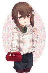 Rule 34 | 1girl, alternate costume, black pantyhose, black shorts, box, brown eyes, brown hair, collared shirt, commentary request, cowboy shot, floral background, gift, gift box, grey shirt, hair ornament, hairclip, highres, kantai collection, looking at viewer, minosu, pantyhose, shirt, short hair, short hair with long locks, shorts, simple background, smile, solo, sweater, taihou (kancolle), valentine, white sweater