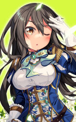 Rule 34 | 1girl, belt, black hair, blush, breasts, brown eyes, cosplay, hair between eyes, hand on headwear, haruna (kancolle), hat, highres, kantai collection, large breasts, long hair, official alternate costume, one eye closed, open mouth, satono diamond (chevalier bleu) (umamusume), satono diamond (umamusume), satono diamond (umamusume) (cosplay), solo, umamusume, upper body, yasume yukito