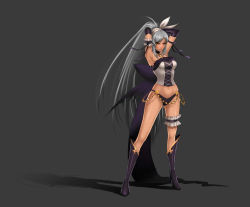 Rule 34 | 1girl, armband, arms behind head, bad id, bad pixiv id, boots, choker, dark skin, dark-skinned female, elbow gloves, gloves, gluteal fold, grey background, long hair, looking at viewer, navel, original, ponytail, re:shimashima, shadow, silver hair, simple background, solo, very long hair, yellow eyes