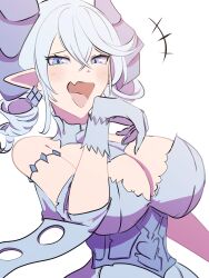 Rule 34 | 1girl, absurdres, bare shoulders, blush, breasts, cleavage, conicalart, detached collar, drill hair, duel monster, fang, grey eyes, grey hair, highres, large breasts, lovely labrynth of the silver castle, ojou-sama pose, skin fang, slit pupils, solo, tongue, yu-gi-oh!