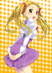 Rule 34 | 00s, 1girl, arms behind back, ass, ass grab, kasugano urara (yes! precure 5), mizuki makoto, precure, purple skirt, skirt, solo, yellow background, yes! precure 5