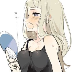 Rule 34 | 1girl, arm at side, black shirt, black tank top, blonde hair, blush, breasts, cleavage, commentary request, fanning self, grey eyes, hand fan, holding, holding fan, hot, kawaii rowa, long hair, lowres, medium breasts, open mouth, original, paper fan, profile, shirt, simple background, solo, sweat, sweatdrop, tank top, upper body, white background