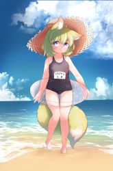 Rule 34 | 1girl, :o, animal ear fluff, animal ears, black one-piece swimsuit, blue eyes, blue sky, cloud, commentary request, day, done (donezumi), full body, green hair, hat, highres, innertube, looking at viewer, ocean, one-piece swimsuit, original, outdoors, sand, short hair, sky, solo, standing, straw hat, swim ring, swimsuit, tail