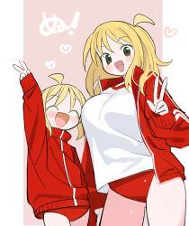 Rule 34 | 2girls, ^ ^, absurdres, aged up, ahoge, arm up, blonde hair, blush, breasts, buruma, closed eyes, cowboy shot, dual persona, facing viewer, hand up, heart, highres, jacket, kokaki mumose, large breasts, long hair, long sleeves, looking at viewer, matching outfits, multiple girls, null-meta, open clothes, open jacket, open mouth, outside border, pillarboxed, pink background, red buruma, red eyes, shirt, side-by-side, simple background, smile, track jacket, turtleneck, turtleneck jacket, uozumi kurumi, v, w, white shirt
