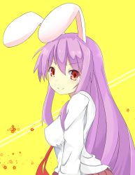 Rule 34 | 1girl, animal ears, blush, breasts, dress shirt, flower, from side, highres, kogalashi, large breasts, long hair, long sleeves, looking at viewer, necktie, open mouth, pleated skirt, purple hair, rabbit ears, red eyes, red necktie, reisen udongein inaba, shirt, simple background, skirt, smile, solo, touhou, white shirt, yellow background