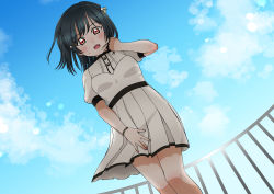 Rule 34 | 1girl, absurdres, artist name, artist request, bare legs, black hair, blue sky, bow, bracelet, breasts, buttons, cloud, collared dress, dark green hair, day, dress, floating hair, from above, hair between eyes, hair bow, hair ornament, hairclip, highres, jewelry, layered skirt, looking at viewer, love live!, love live! nijigasaki high school idol club, love live! school idol festival, mifune shioriko, miniskirt, nail, nail polish, orange eyes, outdoors, parted lips, pink nails, pink nails, plaid, plaid dress, plaid skirt, pleated, pleated dress, pleated skirt, puffy short sleeves, puffy sleeves, red eyes, ribbon, short hair, short sleeves, skirt, sky, small breasts, smile, solo, sweatdrop, white dress, white skirt, yellow ribbon