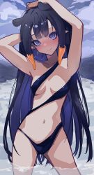 Rule 34 | 1girl, absurdres, alternate costume, arm behind head, arms up, bikini, black bikini, black hair, blue eyes, blunt bangs, blush, breasts, closed mouth, collarbone, commentary, hand on own head, highres, hololive, hololive english, long hair, looking at viewer, mentally deficient, multicolored hair, navel, ninomae ina&#039;nis, orange hair, outdoors, pointy ears, sidelocks, sky, small breasts, smile, solo, standing, stomach, swimsuit, tentacle hair, two-tone hair, very long hair, virtual youtuber, wading, water