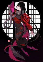 Rule 34 | 1girl, black hair, black kimono, camellia print, fate/grand order, fate (series), floating, floral print, full body, hand puppet, highres, holding, jacket, japanese clothes, kimono, long hair, looking at viewer, morita yuu, oryou (fate), oryou (lancer) (fate), pantyhose, pink eyes, pink pantyhose, puppet, sash, scale print, scarf, solo, very long hair
