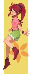 Rule 34 | 1girl, ahoge, ankle socks, black hairband, black socks, boots, cherry blossoms, clenched hand, collared shirt, commentary, danball senki, danball senki w, fingernails, full body, green eyes, green shorts, hairband, hanasaki ran, highres, long hair, looking at viewer, open mouth, outside border, pillarboxed, pink shirt, ponytail, red footwear, red hair, red wristband, shirt, short sleeves, shorts, simple background, socks, solo, suspenders, unagi (nakaelric), upper body, yellow background