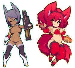 Rule 34 | 2girls, :3, boots, bra, breasts, chibi, commentary, dark-skinned female, dark skin, elbow gloves, english commentary, full body, gloves, gluteal fold, green eyes, grey hair, gun, headgear, high heel boots, high heels, holding, holding gun, holding weapon, hot dog, large breasts, legs apart, long hair, mouth hold, multiple girls, navel, one eye closed, orange eyes, original, panties, purple legwear, red bra, red hair, red legwear, red panties, rifle, short hair, siblings, sisters, skindentation, slugbox, smile, tail, thick eyebrows, thighhighs, transparent background, underwear, weapon, white footwear