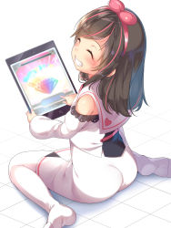 Rule 34 | 1girl, ^ ^, absurdres, aged down, bare shoulders, blush, brown hair, closed eyes, commentary request, detached sleeves, facing viewer, fingernails, grin, highres, holding, jpeg artifacts, kizuna ai, kizuna ai inc., kokka han, long hair, long sleeves, multicolored hair, nail polish, no shoes, pink hair, puffy long sleeves, puffy sleeves, sailor collar, shirt, sitting, skirt, smile, solo, streaked hair, thighhighs, tile floor, tiles, virtual youtuber, wariza, white background, white nails, white sailor collar, white shirt, white skirt, white thighhighs