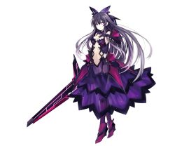 Rule 34 | 10s, 1girl, black gloves, black hair, black thighhighs, breasts, brown eyes, date a live, date a live: spirit pledge, dress, elbow gloves, full body, garter straps, gloves, hair ornament, long hair, looking at viewer, medium breasts, navel, purple dress, see-through, solo, thighhighs, transparent background, tsunako, yatogami tooka, yatogami tooka (true form)