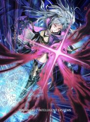 Rule 34 | 1girl, armored boots, black thighhighs, book, boots, chain, darkness, fire emblem, fire emblem awakening, fire emblem cipher, grima (fire emblem), grin, highres, hirooka masaki, long hair, looking at viewer, magic, nintendo, official art, parted bangs, red eyes, robe, robin (female) (fire emblem), robin (fire emblem), silver hair, smile, solo, sparkle, thighhighs, thighs, twintails, watermark, wind