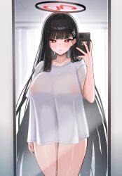 Rule 34 | 1girl, :o, absurdres, black hair, blue archive, blush, breasts, cellphone, collarbone, fingernails, full-length mirror, halo, highres, holding, holding phone, large breasts, long hair, looking at viewer, mijikayo, nail polish, no bra, no pants, phone, red eyes, reflection, rio (blue archive), selfie, shirt, solo, straight hair, very long hair, white shirt