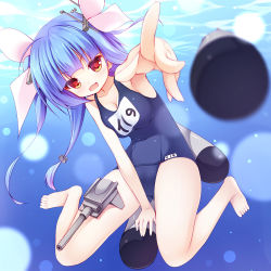 Rule 34 | 10s, 1girl, blue hair, blurry, breasts, cleavage, depth of field, foreshortening, i-19 (kancolle), kadokawa shoten, kantai collection, long hair, one-piece swimsuit, open mouth, personification, red eyes, school swimsuit, solo, swimsuit, torpedo, twintails, underwater, yuku (kiollion)