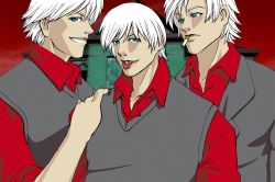 Rule 34 | 00s, 3boys, blue eyes, capcom, dante (devil may cry), devil may cry (series), male focus, multiple boys, multiple persona, piercing, smoking, white hair