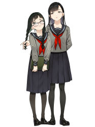 Rule 34 | 2girls, absurdres, black footwear, black hair, black legwear, black sailor collar, black skirt, blush, bomhat, braid, brown eyes, closed mouth, collarbone, colored inner hair, commentary, english commentary, full body, glasses, grabbing another&#039;s hair, green eyes, green hair, grey shirt, highres, long hair, long sleeves, multicolored hair, multiple girls, neckerchief, original, pantyhose, pleated skirt, purple hair, red neckerchief, sailor collar, school uniform, serafuku, shirt, simple background, skirt, smile, twin braids, white background