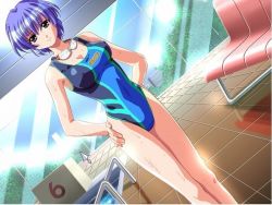 Rule 34 | 1girl, bare shoulders, bench, black eyes, blue hair, breasts, cleavage, competition swimsuit, covered erect nipples, dutch angle, fukunaga yumi, game cg, goggles, goggles around neck, hands on own hips, indoors, jpeg artifacts, legs, looking at viewer, love mate ~koi no rehearsal~, non-web source, one-piece swimsuit, perspective, pool, pool ladder, poolside, purple eyes, purple hair, senkawa tomo, short hair, skin tight, smile, standing, swimsuit, wet, window