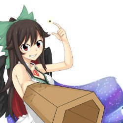 Rule 34 | 1girl, absurdres, abyss arts, arm cannon, bird wings, black sun, black wings, bow, breasts, brown hair, cape, cleavage, collared shirt, colored inner hair, commentary request, control rod, green bow, grin, hair bow, highres, large breasts, long hair, looking at viewer, multicolored hair, ponytail, red eyes, red hair, reiuji utsuho, shirt, simple background, sleeveless, sleeveless shirt, smile, solo, starry sky print, sun, third eye, touhou, two-tone hair, upper body, weapon, white background, white cape, white shirt, wings