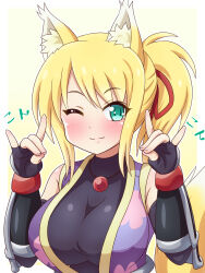 Rule 34 | 1girl, ;3, animal ears, bare shoulders, blonde hair, blush, breasts, closed mouth, dog days, double fox shadow puppet, elbow gloves, fingerless gloves, fox ears, fox shadow puppet, fox tail, gloves, green eyes, highres, japanese clothes, jewelry, kimono, large breasts, looking at viewer, necklace, one eye closed, ponytail, purple kimono, red ribbon, ribbon, solo, tail, yosuzu, yukikaze panettone