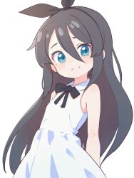 Rule 34 | 1girl, absurdres, bare arms, bare shoulders, black bow, black bowtie, black hair, black ribbon, blue eyes, blush, bow, bowtie, breasts, commentary, dress, english commentary, grin, hair between eyes, hair ribbon, highres, lk149, long hair, looking at viewer, original, parted lips, revision, ribbon, simple background, sleeveless, sleeveless dress, small breasts, smile, teeth, upper body, white background, white dress
