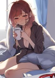 Rule 34 | 1girl, 92m, absurdres, ahoge, backlighting, bed sheet, blush, breasts, brown eyes, brown hair, brown nails, brown shirt, cleavage, collarbone, commentary, cup, curtains, drink, half-closed eyes, highres, holding, holding cup, holding drink, kinshi no ane (92m), large breasts, medium hair, nail polish, on bed, open clothes, open shirt, original, pillow, quilt, shirt, sitting, solo, steam, unworn eyewear, wariza, window