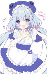 Rule 34 | 1girl, alternate costume, amami ami, apron, blue eyes, blue hair, blush, commentary, dress, enmaided, frilled apron, frills, frog girl, frog hat, hands up, heart, heart hands, highres, long hair, low twintails, maid, maid apron, maid headdress, miyasaka miyu, name tag, open mouth, prism project, puffy short sleeves, puffy sleeves, rainbow hair ornament, short sleeves, solo, twintails, virtual youtuber, white apron