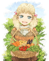 Rule 34 | basket, bell pepper, blonde hair, carrot, eggplant, faux traditional media, food, green eyes, handprint, highres, original, pepper, smile, solo, tomato, twintails, vegetable, yajirushi (chanoma)
