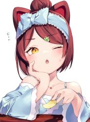 Rule 34 | 1girl, animal ears, bare shoulders, blue hairband, blush, bow hairband, brown hair, chips (food), dog ears, fangs, flying sweatdrops, food, hair bun, hair ornament, hairband, hand on own chest, holding, holding food, inui toko, jewelry, long sleeves, necklace, nijisanji, one eye closed, open mouth, potato chips, single hair bun, solo, sukuna136, virtual youtuber, yellow eyes