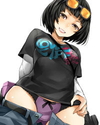 Rule 34 | 10s, 1girl, arm behind back, belt, between breasts, black hair, black shirt, blouse, bob cut, bow, bow panties, breasts, brown eyes, camera, clothes pull, denim, eyewear on head, from below, gluteal fold, grin, highres, jeans, layered sleeves, lipstick, long sleeves, looking at viewer, makeup, nemu (nebusokugimi), ohya ichiko, open belt, open fly, open pants, panties, pants, persona, persona 5, print shirt, purple panties, shirt, short hair, short over long sleeves, short sleeves, simple background, smile, smirk, solo, strap between breasts, sunglasses, t-shirt, tinted eyewear, unbuttoned, underwear, unzipped, white background, yellow-tinted eyewear
