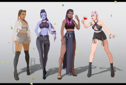 Rule 34 | 4girls, alternate costume, apex legends, barefoot sandals (jewelry), belt, black belt, black footwear, black hair, black skirt, black thighhighs, blue belt, blue eyeshadow, blue skin, blue skirt, boots, braid, breasts, cleavage, cleavage cutout, clothing cutout, colored skin, commentary, criss-cross halter, cropped shirt, crossover, cup, dark-skinned female, dark skin, drinking glass, earrings, english commentary, evelynn (league of legends), eyeshadow, gradient hair, grey background, grey hair, grey sweater, hair behind ear, halter shirt, halterneck, high heel boots, high heels, highres, hoop earrings, ifragmentix, jewelry, league of legends, loba (apex legends), long hair, looking at viewer, makeup, medium breasts, multicolored hair, multiple crossover, multiple girls, navel, overwatch, purple eyes, purple hair, red eyeshadow, red hair, reyna (valorant), shadow, skirt, smile, standing, sweater, thigh strap, thighhighs, twin braids, valorant, very long hair, widowmaker (overwatch), wine glass, yellow eyes