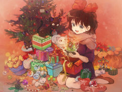 Rule 34 | 1980s (style), 1girl, black cat, bow, brown hair, candy, candy cane, cat, christmas, christmas tree, food, gift, grey eyes, hair bow, jiji (majo no takkyuubin), kiki (majo no takkyuubin), kneeling, majo no takkyuubin, merry christmas, retro artstyle, red background, retro artstyle, saya (mychristian2), scarf, shoes, short hair, sitting, smile, snowflakes, solo, studio ghibli, white cat