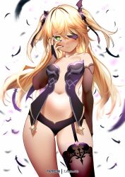 Rule 34 | 1girl, bare shoulders, black feathers, blonde hair, blush, bow, breasts, chuunibyou, eyepatch, feathers, fischl (genshin impact), garter straps, genshin impact, gloves, green eyes, hair over one eye, highres, long hair, looking at viewer, miu (angelo whitechoc), simple background, single glove, single thighhigh, small breasts, solo, thighhighs, thighs, two side up, white background