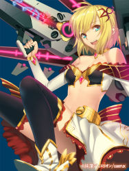Rule 34 | 1girl, aqua eyes, bare shoulders, black thighhighs, blonde hair, boots, copyright name, energy gun, hair ornament, jewelry, junketsu duelion, laser rifle, lots of jewelry, mecha musume, midriff, mil valentin, official art, open mouth, pointy ears, short hair, solo, thighhighs, watermark, weapon, yangsion