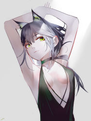 1girl absurdres alternate_costume animal_ears arknights armpits bare_arms bare_shoulders breasts cat_ears cat_girl cleavage_cutout clothing_cutout dress eyebrows_hidden_by_hair green_eyes grey_hair hair_between_eyes highres kal&#039;tsit_(arknights) long_hair looking_at_viewer mackia open_clothes sleeveless sleeveless_dress smile solo upper_body