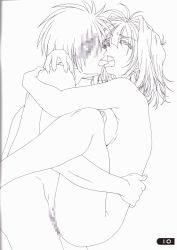 Rule 34 | 1girl, breast press, breasts, censored, closed eyes, faceless, faceless male, folded, french kiss, greyscale, held up, highres, holding, hug, kawai rie, kiss, lineart, lovers (game), medium breasts, monochrome, nipples, nude, sex, short hair, sideboob, straddling, suspended congress, taki minashika, tongue, upright straddle, vaginal