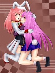 Rule 34 | 07th expansion, 2girls, aneogyps, animal ears, blazer, blush, boots, chiester45, chiester sisters, crossover, hug, imminent kiss, inaba mob (touhou), jacket, kneeling, legs, long hair, looking at viewer, looking back, multiple girls, no naku koro ni (series), pink hair, purple hair, rabbit ears, rabbit tail, red eyes, reisen udongein inaba, showgirl skirt, shy, skirt, smile, tail, team shanghai alice, thigh boots, thighhighs, tiptoes, touhou, trait connection, twintails, umineko no naku koro ni, uniform, yuri
